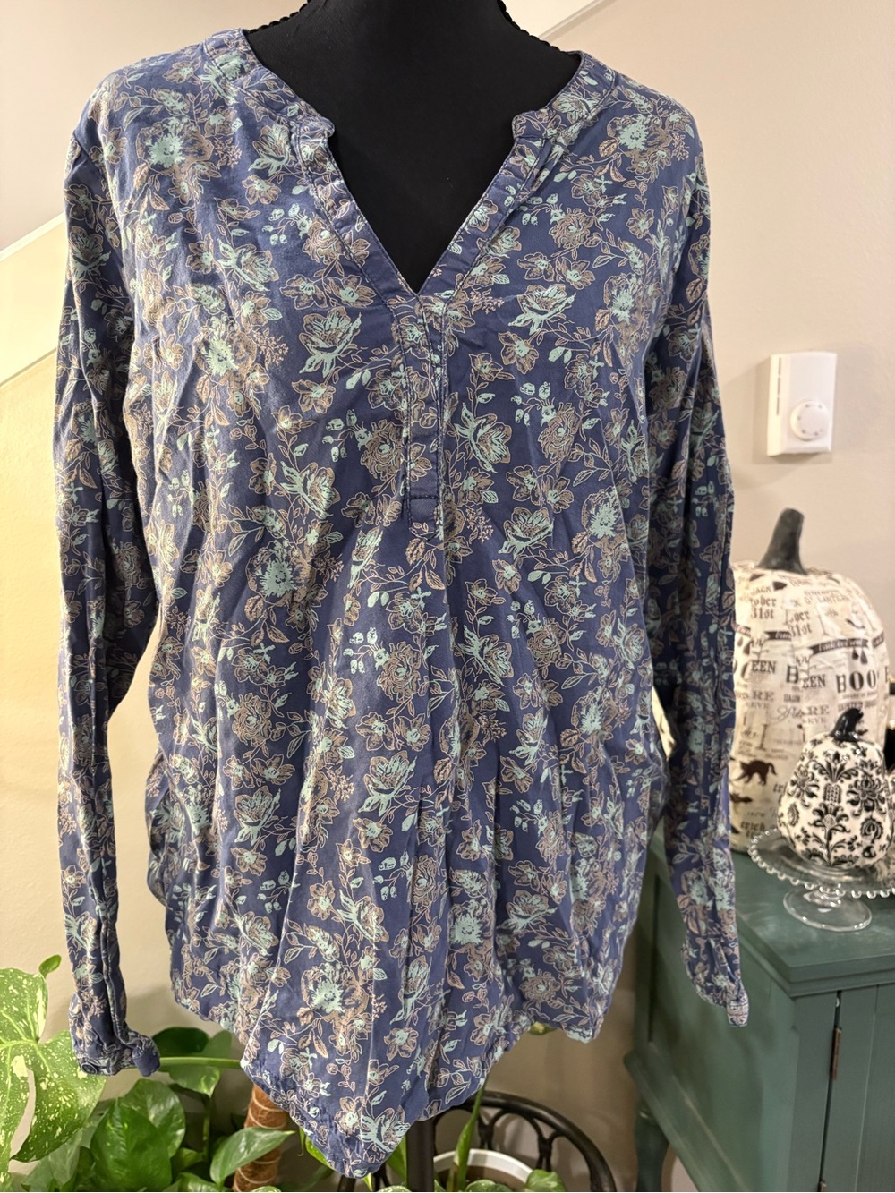 Women’s Floral Tunic V-Neck Long Sleeve Top - Blue